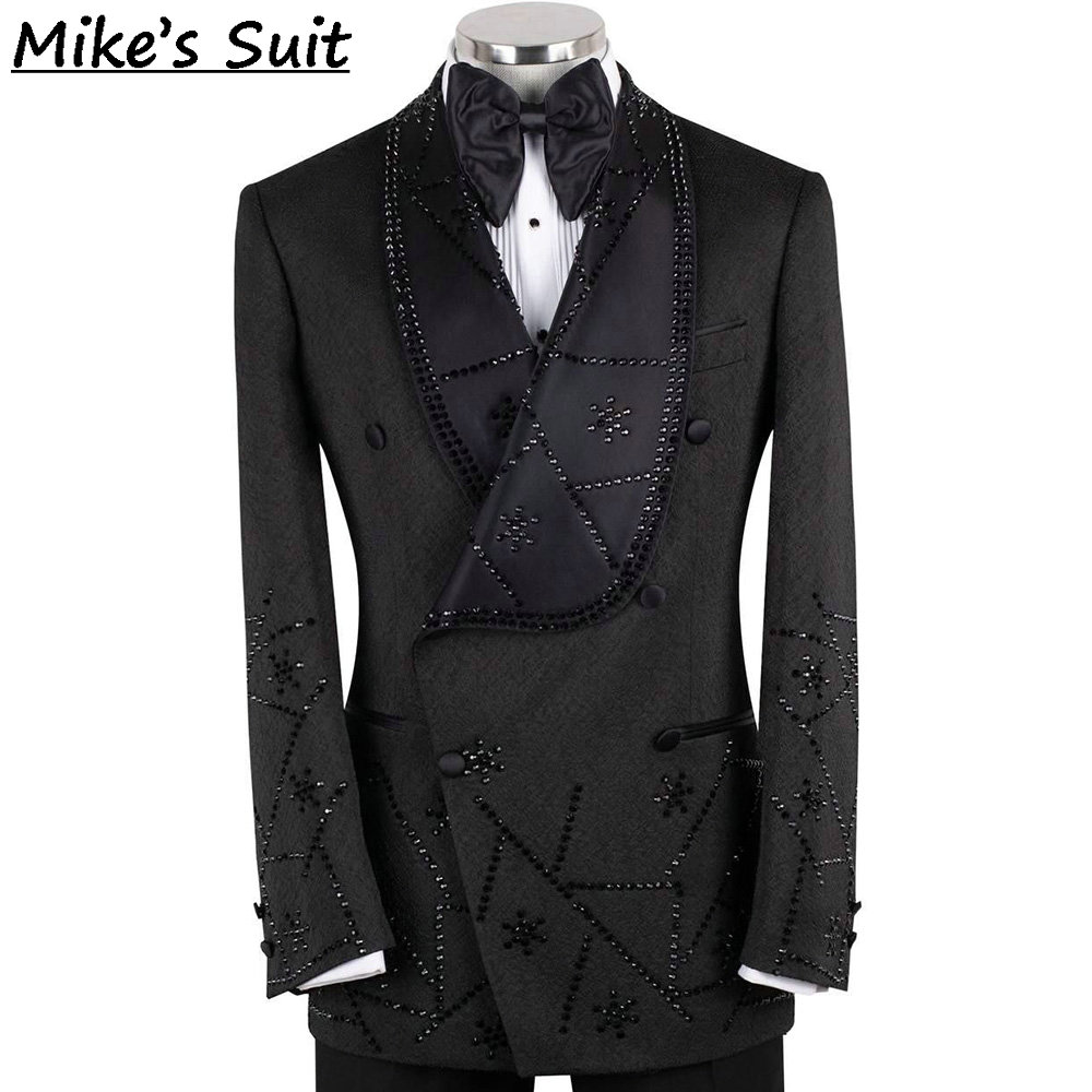 Men'S Formal Wear No Suit - Black Jacquard Gems Beading 2 Piece