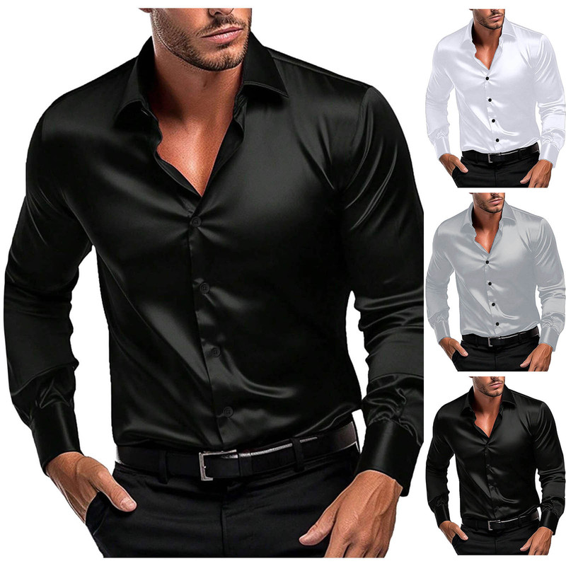 Mens Formal Look - Mens Glossy Satin Long Sleeve Dress