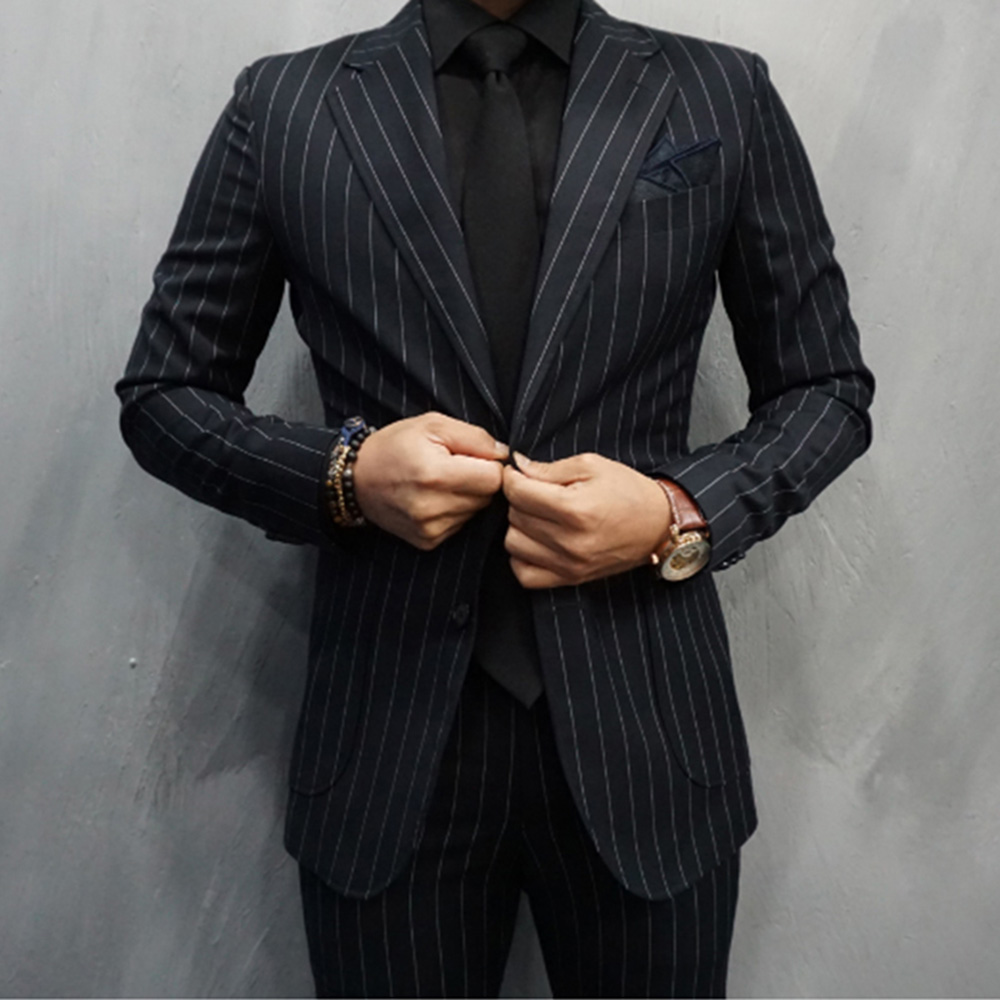 Large Men Formal Wear - Black Striped Men Suits Single-Breasted Blazer