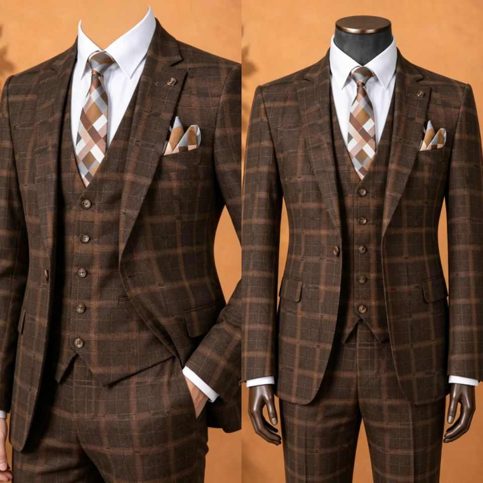 Elegant Brown Plaid Men 3 Piec - đánh giá và giá Men'S Formal Wear No Suit